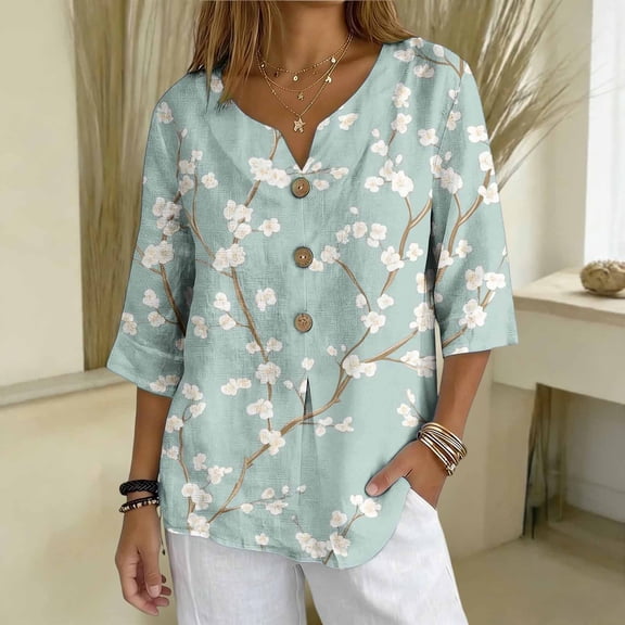 Sheghy Tshirts Shirts for Women 100%Cotton Relaxed Fit V Neck 3/4 Sleeve Top, Women Casual Pullover Shirt with Decorative Buttons
