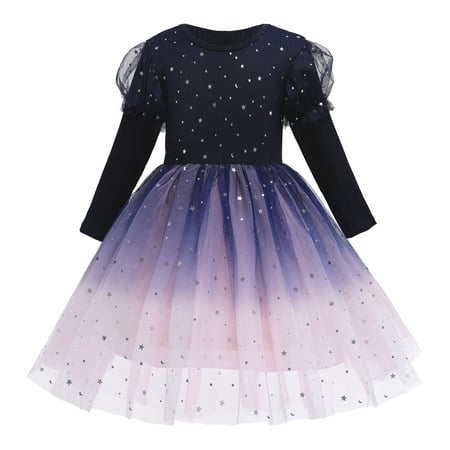 

OLLUISNEO 3-4 Years Toddler Baby Girls Dress Long Sleeve Sequins Prints Tulle Layer Party Formal Dress Blue