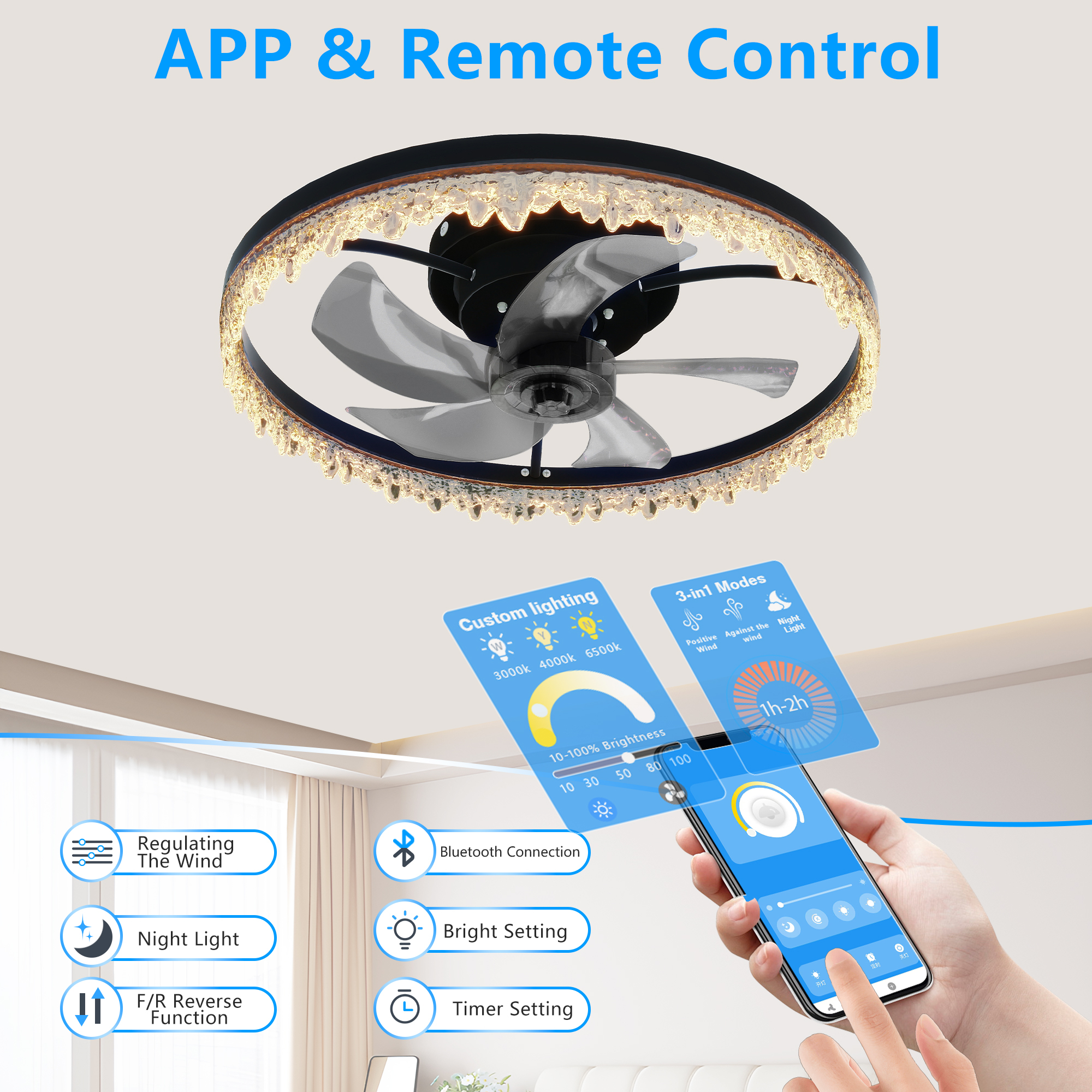 Leumius Luxury Crystal Ceiling Fan with Lights, 20In Flush Mount LED Chandelier Fan with 5 Invisible Blades, Remote & Timer, Bright Dimmable Lighting for Bedroom, Living Room, Dining Room