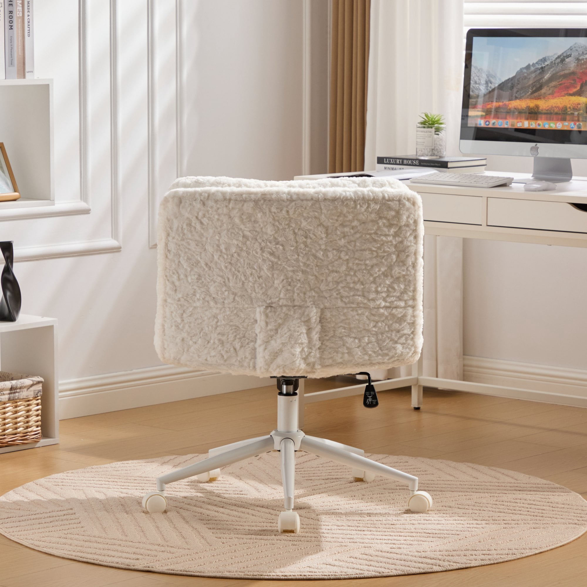 Jopath Office Chair,Artificial Rabbit Hair Home Office Chair with Metal Base Wider seat Adjustable Desk Chair Swivel for Office Vanity (Cream)