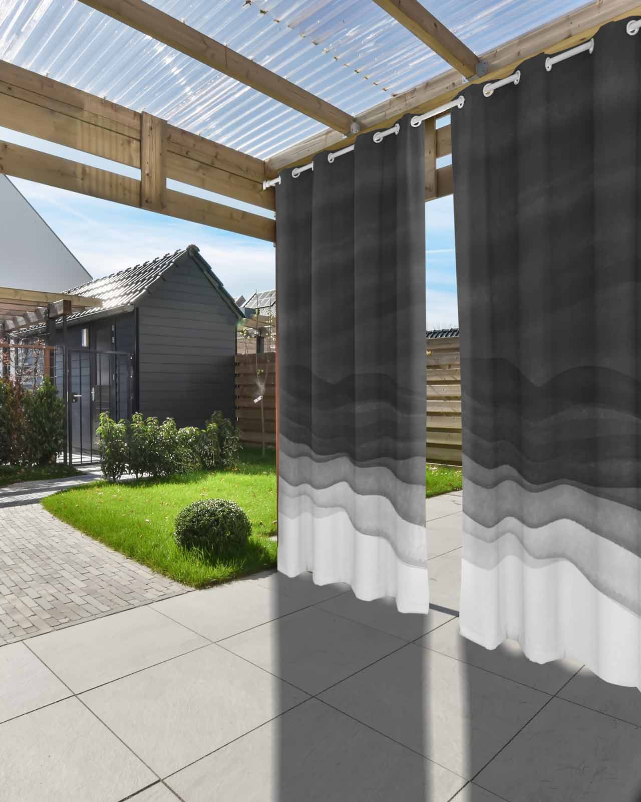 Ombre Waves Outdoor Curtains for Patio, Abstract Art Gradient Black Modern Privacy Drapes Grommet Waterproof Outside Curtains for Porch/Cabana/Balcony 54"x 108", 1 Panel