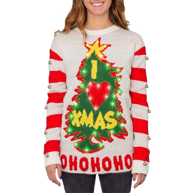 Vigorbear - Suéter navideño feo de manga larga con campanas y cuello redondo para mujer, suéter informal holgado con diseño de árbol de Navidad