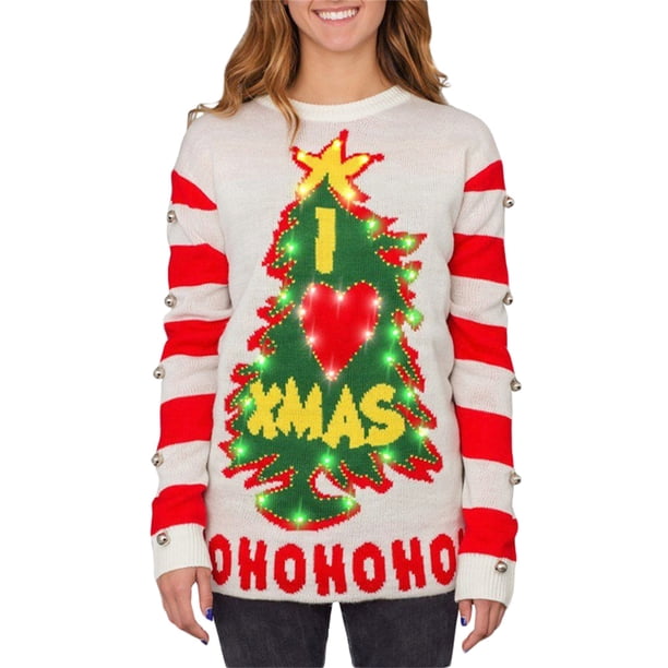Vigorbear - Suéter navideño feo de manga larga con campanas y cuello redondo para mujer, suéter informal holgado con diseño de árbol de Navidad