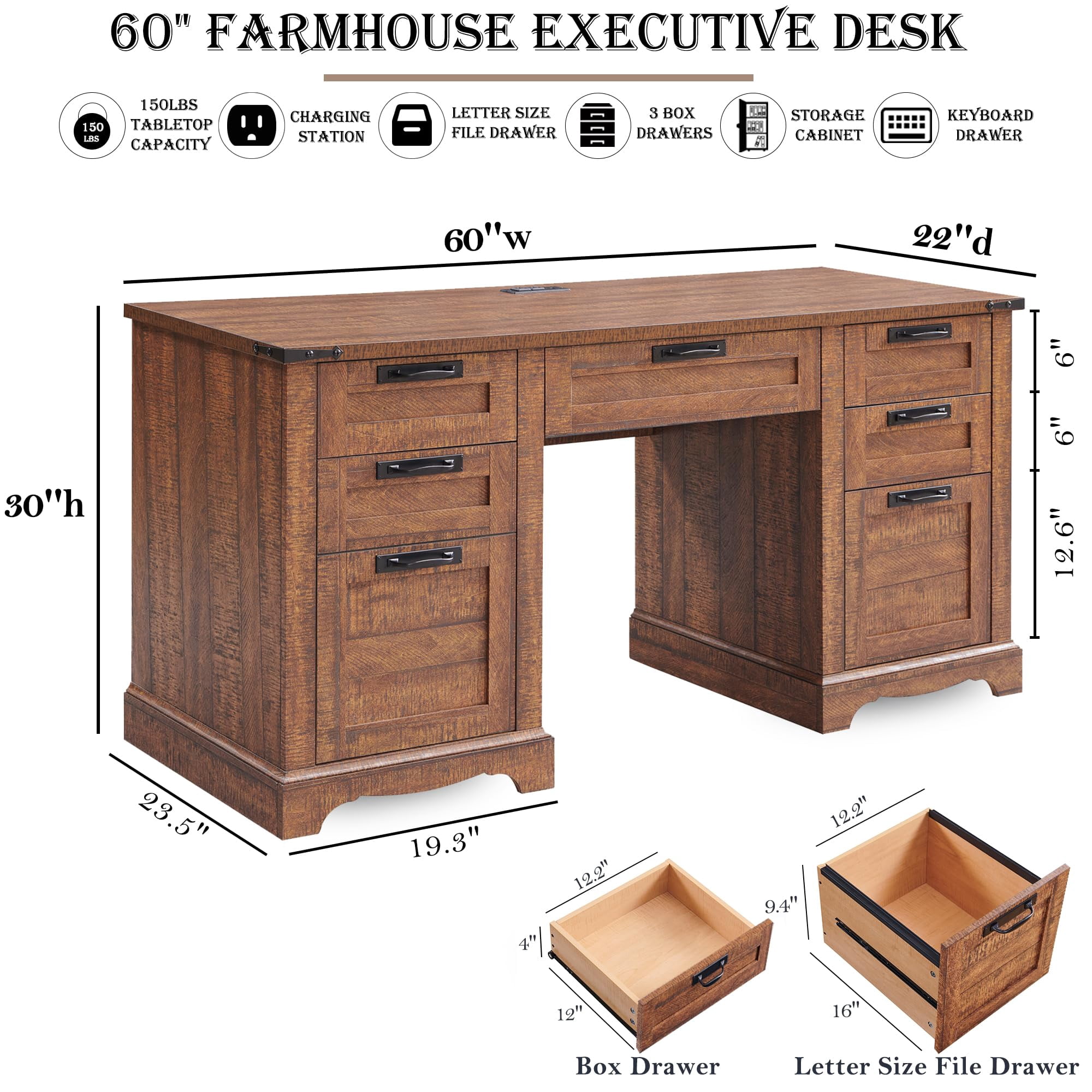 OKD Farmhouse Executive Desk, Rustic Office Desk with Charging Station and Keyboard Tray,Home Workstations with File Drawer, Storage Cabinet,Wood Computer Writing Desk, Reclaimed Barnwood