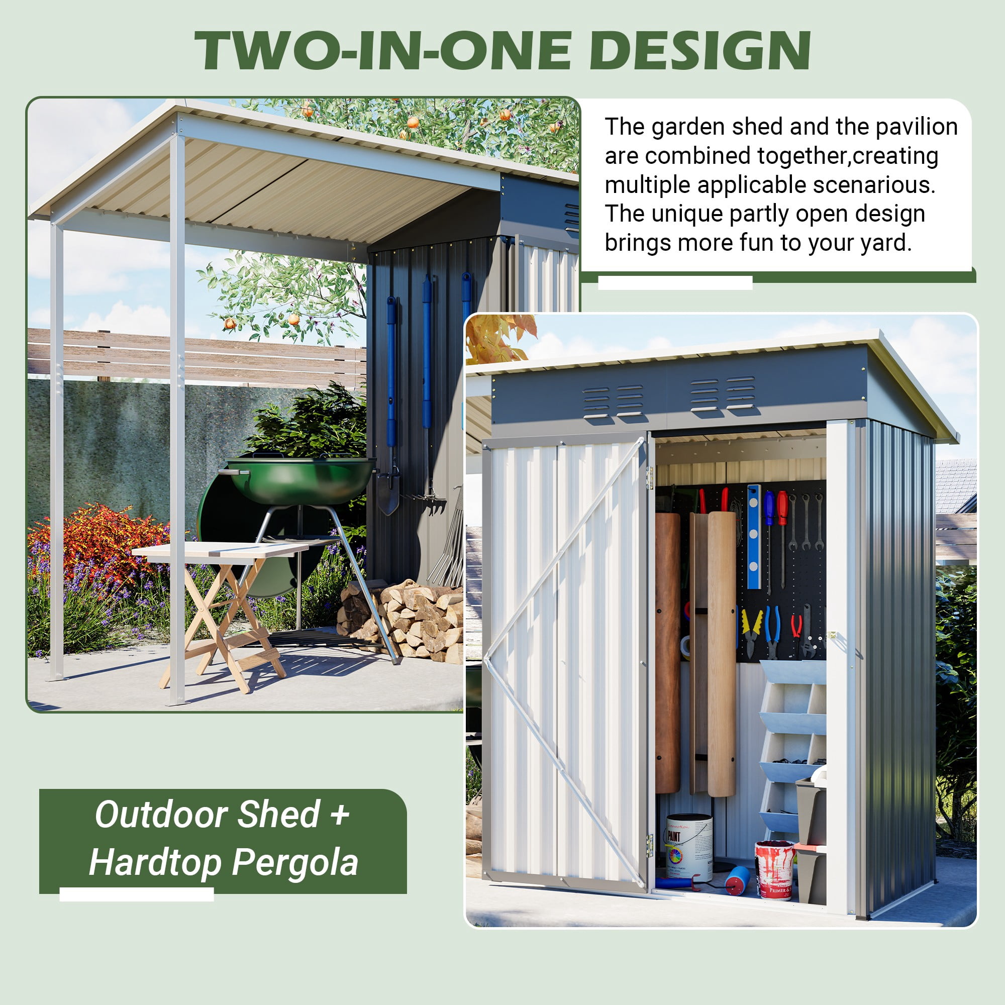 Aukfa 5x3 FT Outdoor Storage Shed & Gazebo Combo, 2-in-1 Galvanized Steel Metal Tool Shed with Open Pergola for Backyard, Patio & Garden