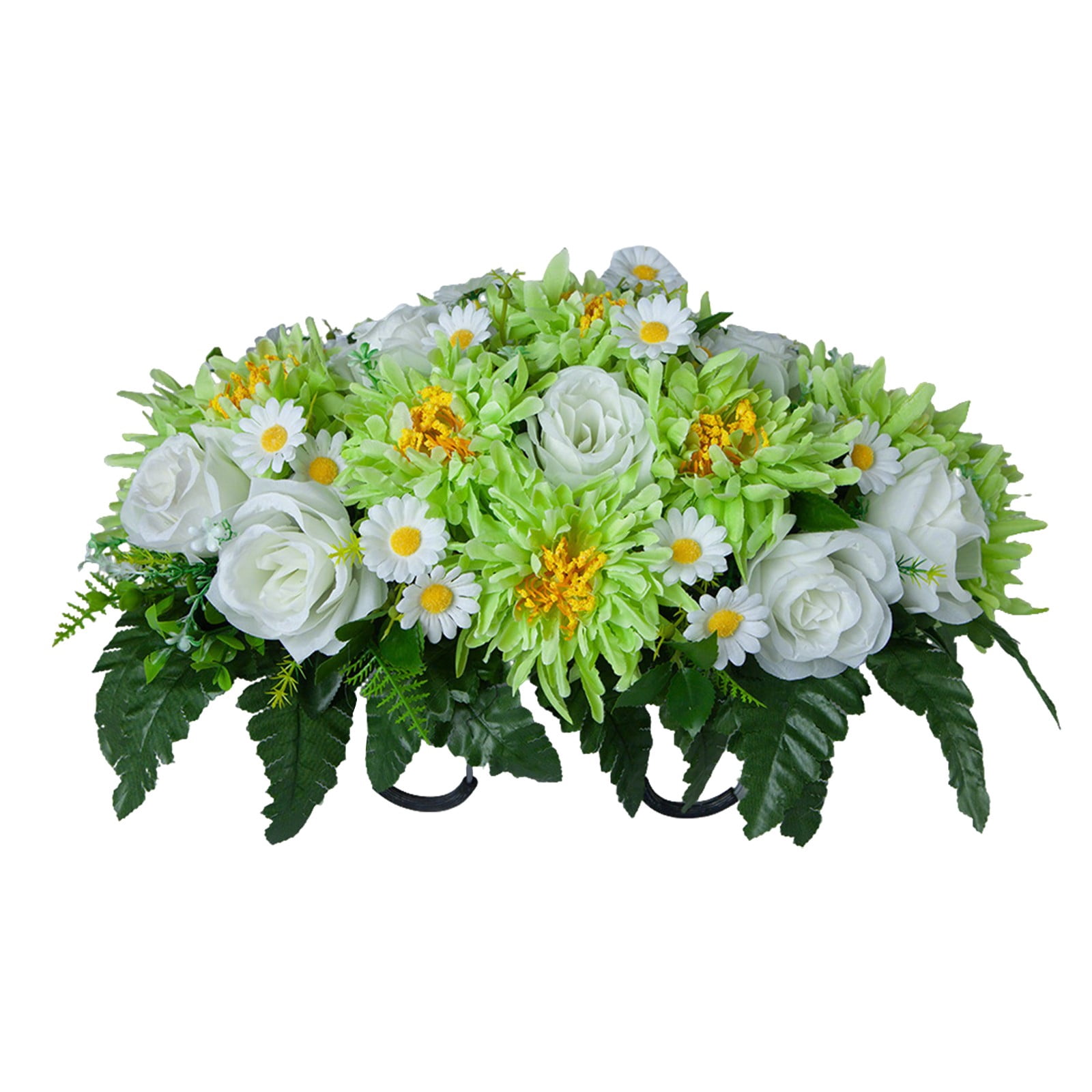 Artificial Cemetery Flower Saddles for Graves, Cemetery Memorial Flowers for Outdoor Tombstone Headstone Decorations, Lily Rose Gerbera Flowers Saddle, Green