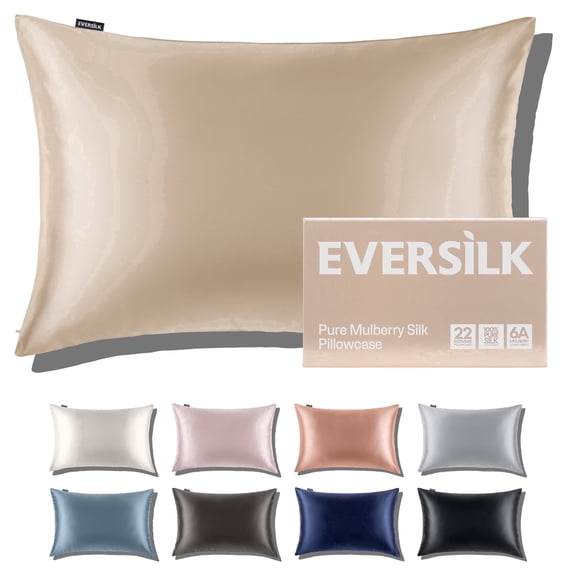 22 Momme Mulberry Silk Pillowcase, 6A Hypoallergenic, Hidden Zipper, Standard Champagne, 1 Pack