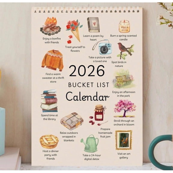 2026 Bucket List Calendar - 12-Month Illustrated Wall Calendar with DIY-Friendly Design & Daily Inspirational Prompts - The Perfect Motivational Gift for Home & Office