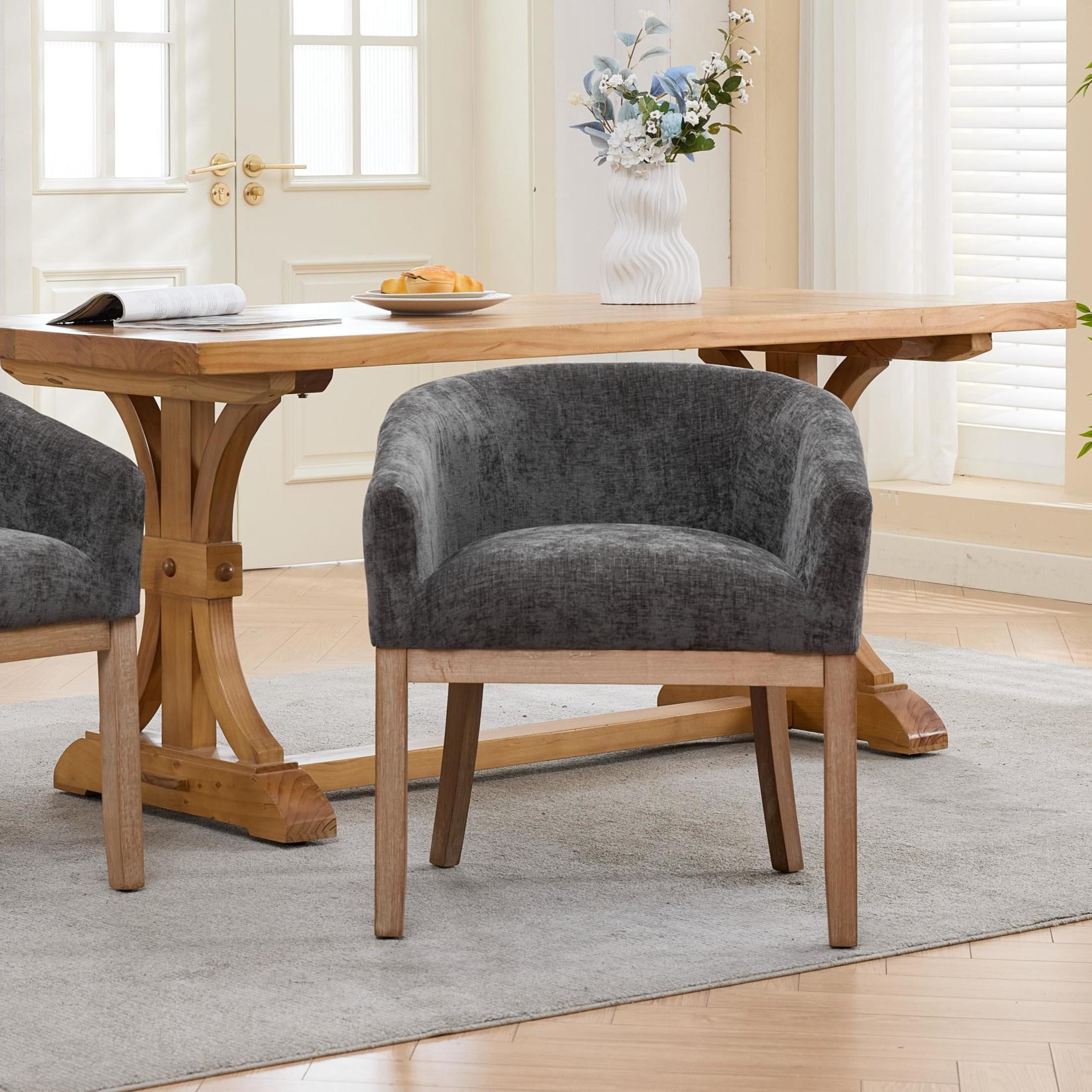Noble House Barrel Dining Chair with Arms, Chenille Upholstery, Rubberwood Frame, Gray