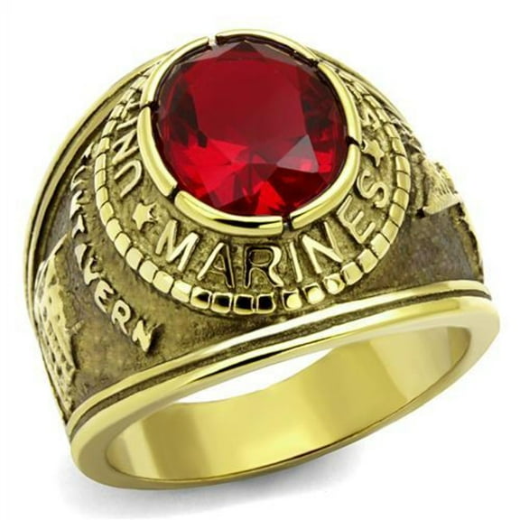 Luxe Jewelry Designs Men's Gold IP Stainless Steel Marines Ring with Siam Synthetic Glass Stone -