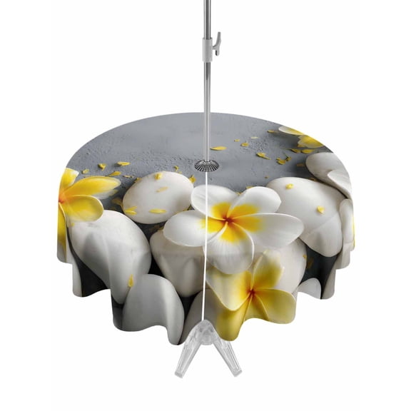 Outdoor Tablecloths with Umbrella Hole & Zipper, Yellow Plumeria Flower Round Tablecloths 60 Inch, White Stones Country Floral Grey Waterproof Table Cloth, Patio/Pool/Picnic Table Covers