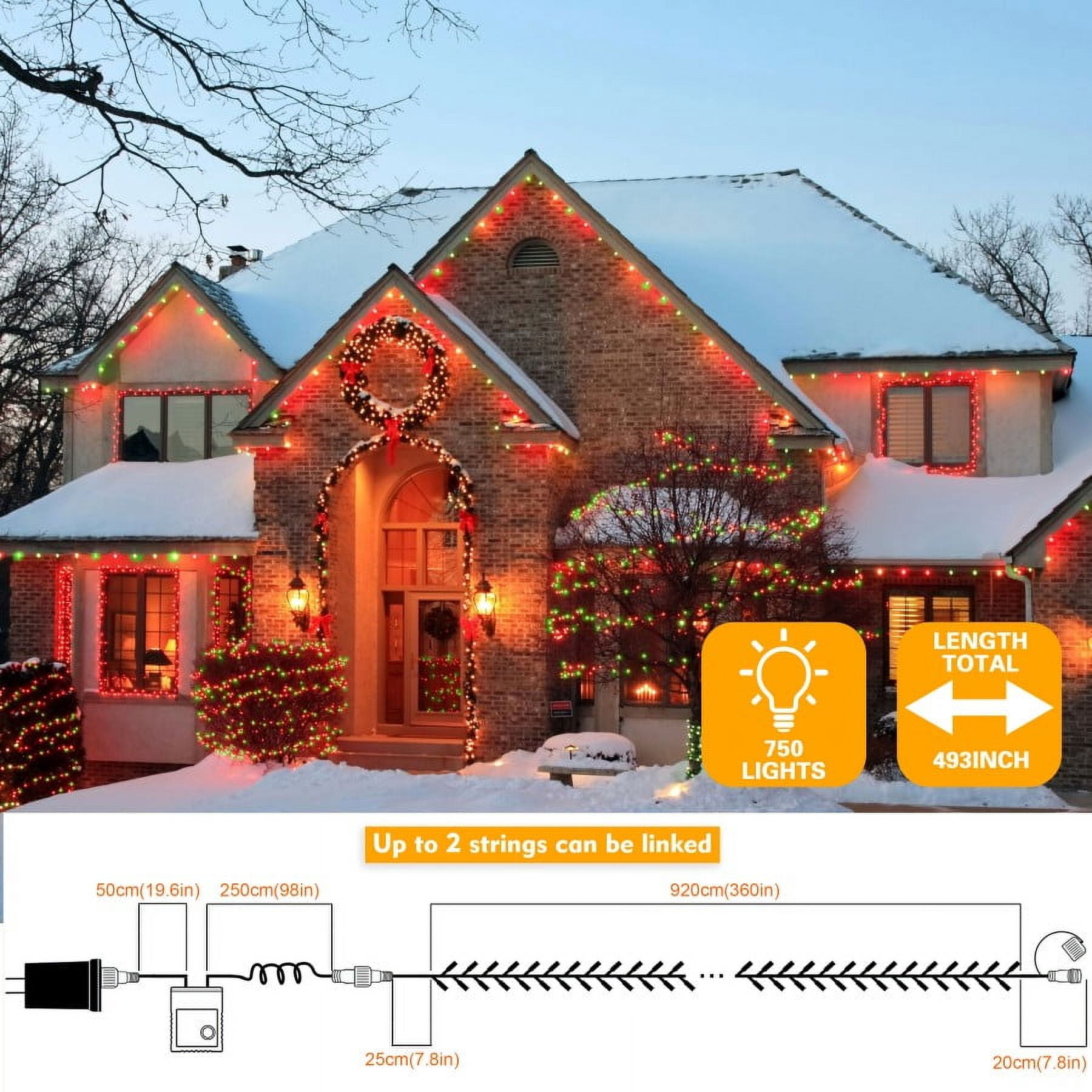750 LED String Lights Cluster Lights - 41ft Red and Green Green Wire Outdoor Waterproof Lights, Plug in Indoor String Lights with 8 Modes & Timer Memory for Xmas, Christmas Tree