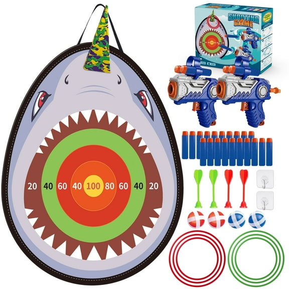 Bewos 4-in-1 Shark Dart Board Target Game with Sticky Balls - Indoor Throw & Toss Dartboard Set for Kids, Boys & Girls of All Ages