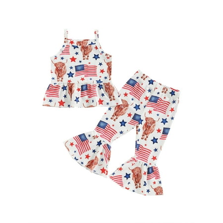 

4th of July Toddler Baby Girl Outfit American Flag Cow Print Sleeveless Tank Tops Flared Pants Summer Clothes Set