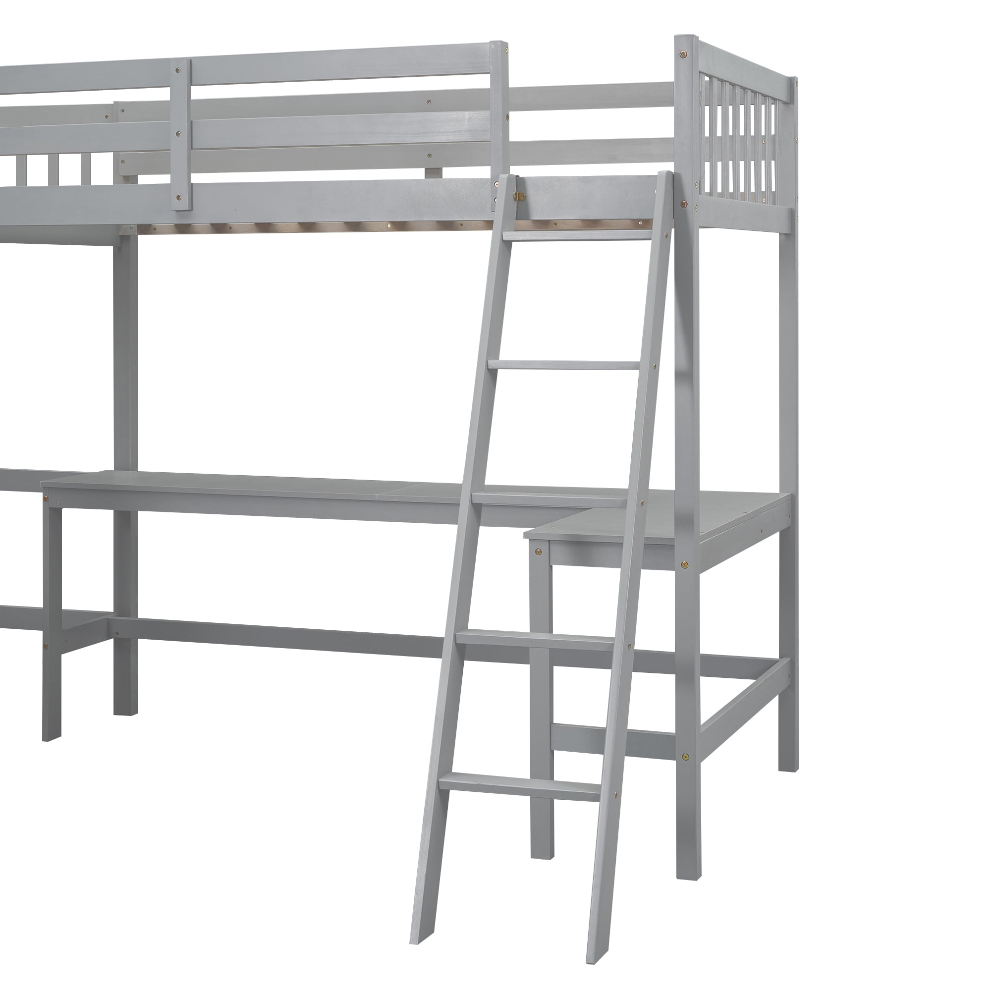 MAYEERTY Wood Twin Size L-Shaped Loft Bed with Ladder and 2 Built-in L-Shaped Desks, Gray