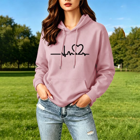 CQONEPT Womens Fleece Lined Hooded Swetashirts Print Long Sleeve Pullovers Tops Casual Fall Winter Clothes with Pockets Pink M