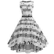 JY11666 Ladies Retro Hepburn Style Musical Note Printed Waist Large Swing Dress White S