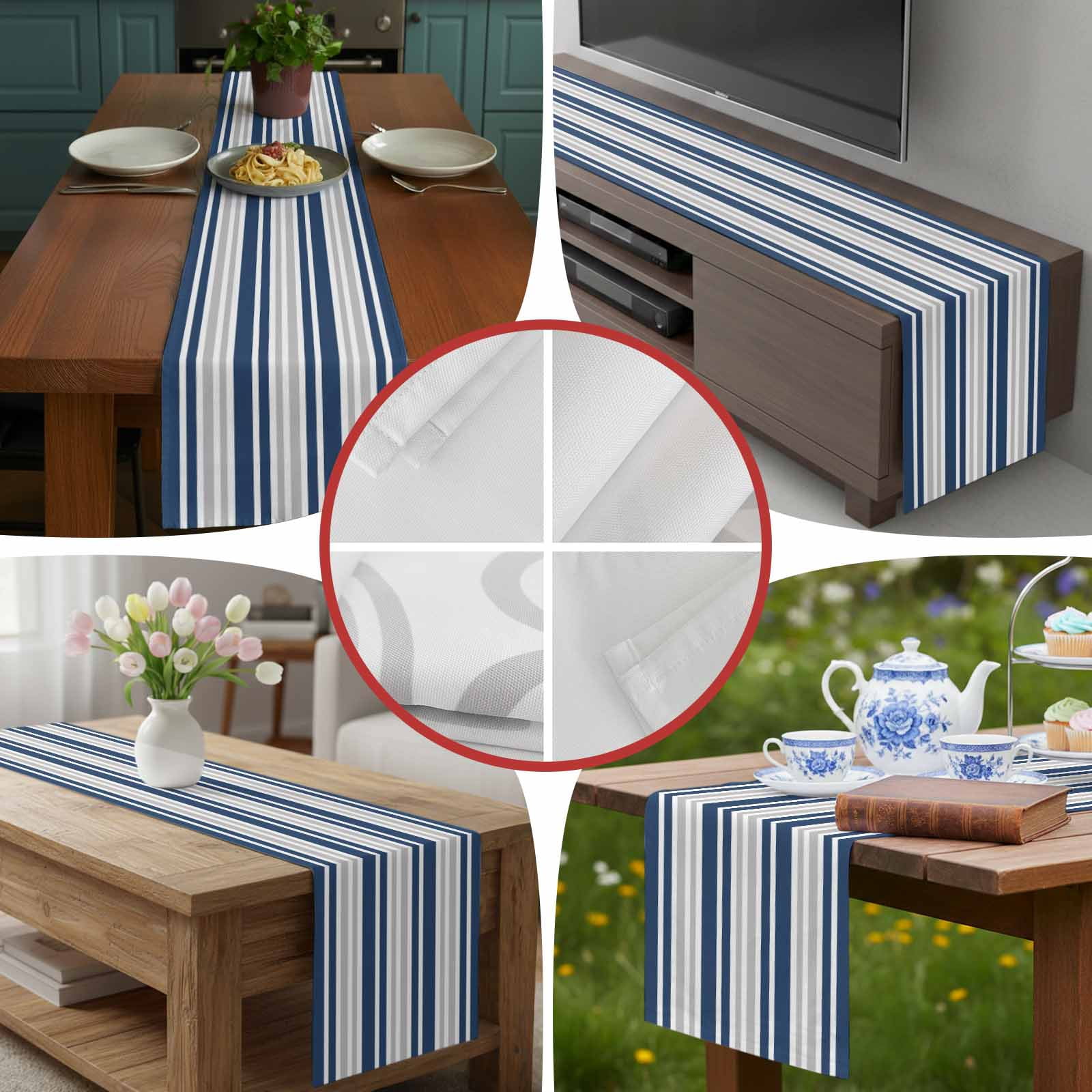 Classic Modern Striped Table Runner 90 Inches Long, Grey White Navy Blue Table Runners Tabletop Scarf Kitchen Dining Tables Decoration for Home Party Indoor Outdoor