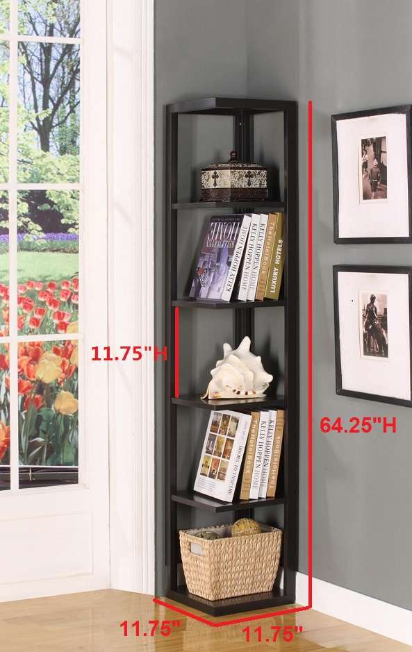 Kings Brand Furniture Wood Wall Corner Bookshelf with 5 Tiers for Living Room Bedroom, Espresso