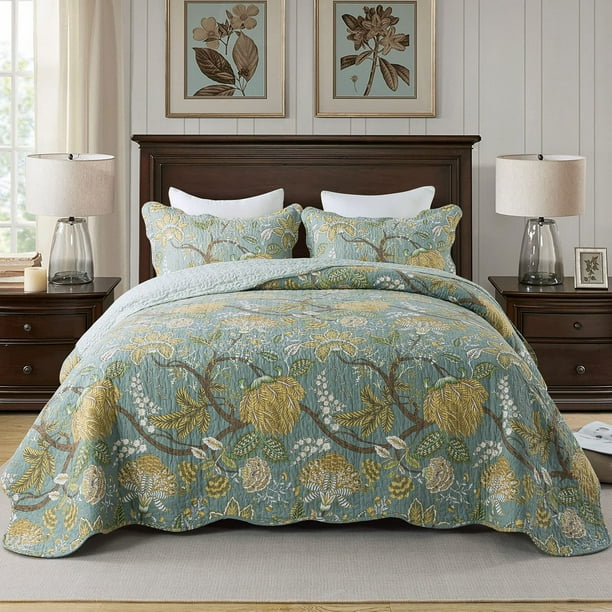 Travan Juego De Edredón De 3 Piezas, Colcha Acolchada De Algodón, Juego De Cama Acolchado De Gran Tamaño Con Estampado Floral Y Fundas Para Todas Las Estaciones, Color Verde Vid, Tamaño King