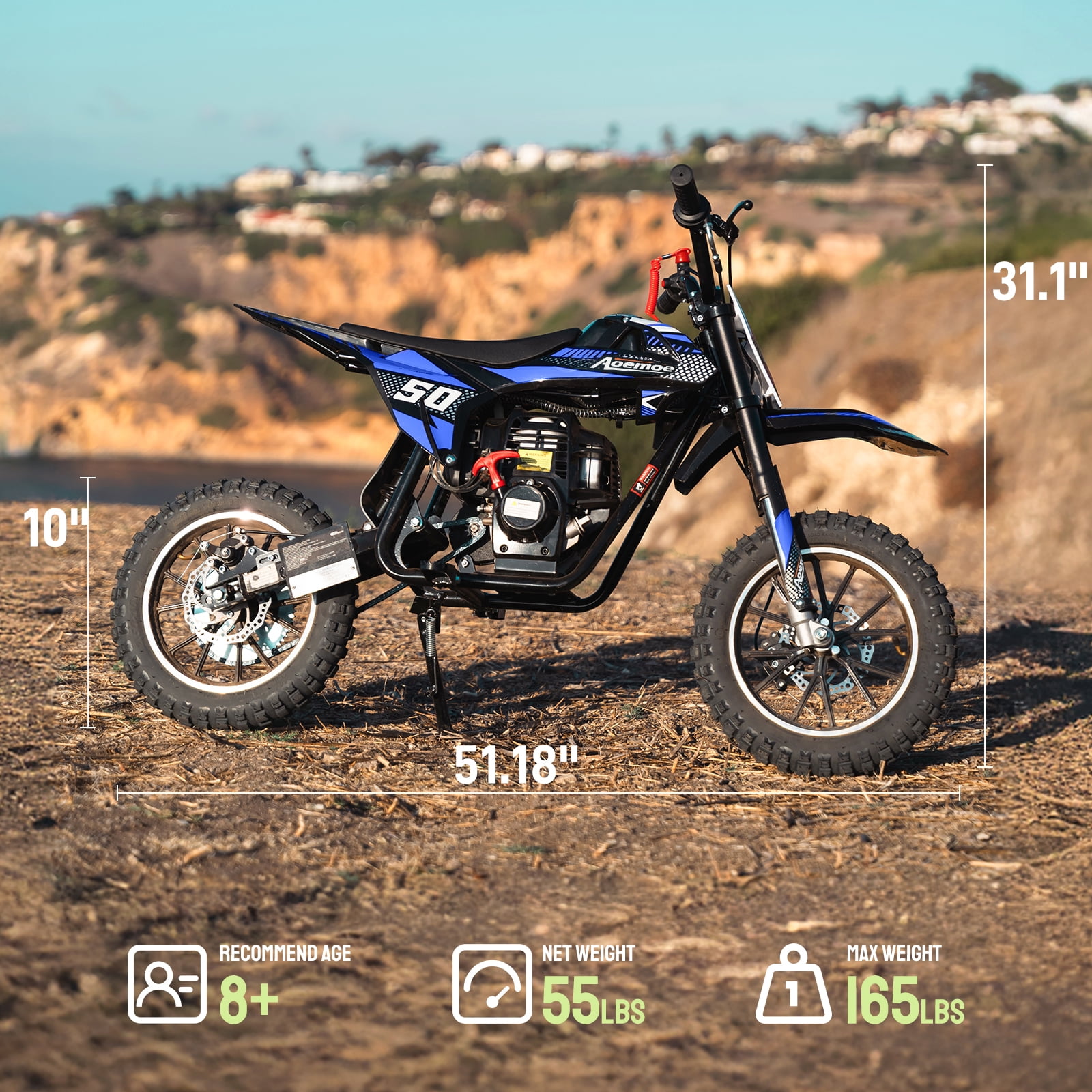 Aoemoe Gas Dirt Bike, 40cc 4-Stroke Gas Powered Kids Off Road Motorcycle (Model-DB4S004) with Off-Road Tire, Suspensions, Disc Brakes, Max Load 165Lbs, Up to 25Mph, NO OIL MIX REQUIRED