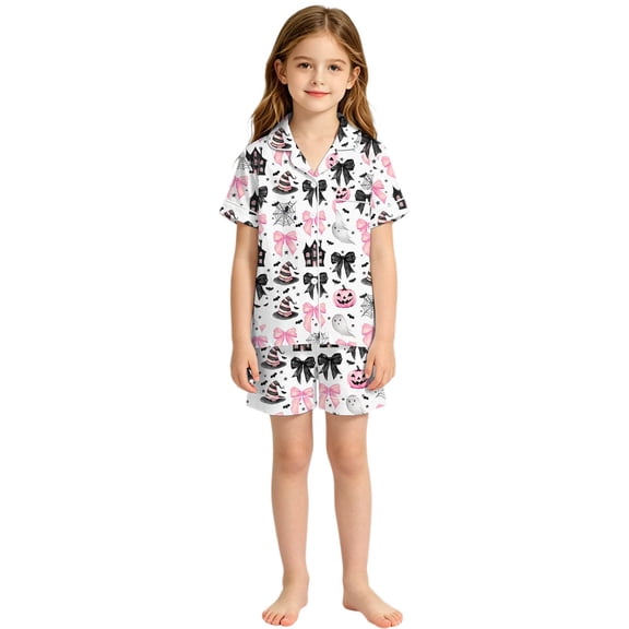Bobifish Toddler Girls Sets Pumpkin Bow Ghost Witch Hat Print Open Front Short Sleeve Shirt &Shorts Children Girls Homewear