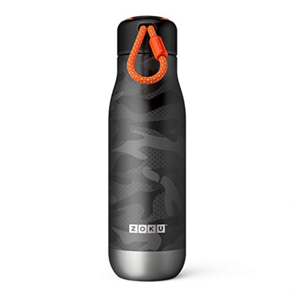 zoku stainless steel water bottle; black camo print; 18fluid ounces