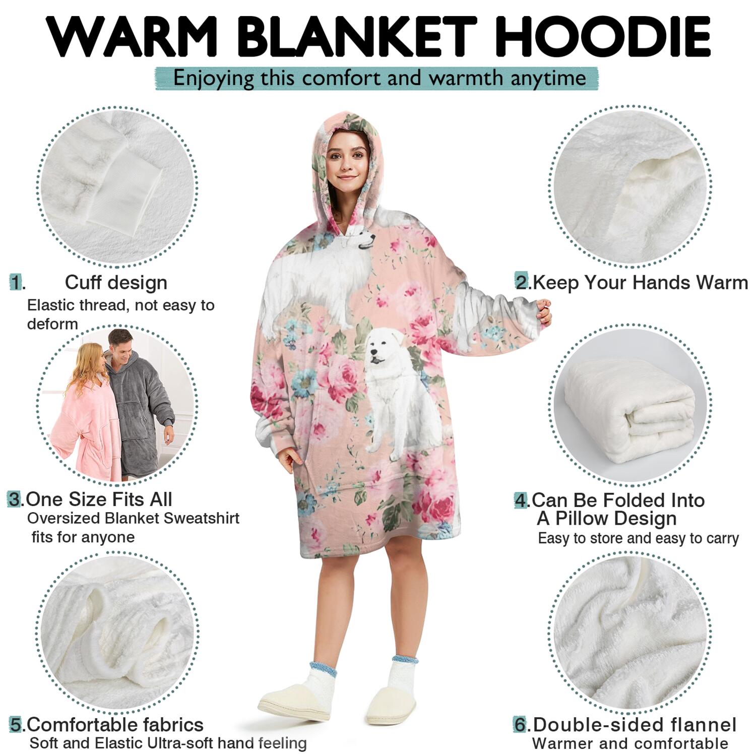 Wearable Oversized Blanket,Great Pyrenees Dog and Pioneer Flower Wearable Blanket Hoodie for Adults,Cozy Hooded Blankets with Super Pockets,Super Warm Fuzzy Pullover for Women & Men