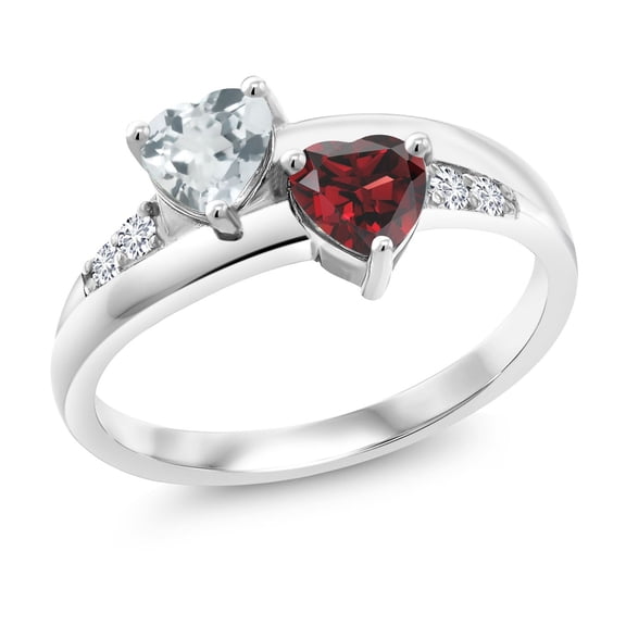 Gem Stone King 925 Sterling Silver Aquamarine Garnet and Lab Grown Diamond Women Engagement Ring (1.01 Ct Heart Shape, Gemstone Birthstone, Size 5)