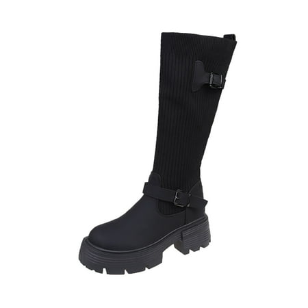 

PMUYBHF Women Mid Calf Boots Autumn And Winter Fashion Knit Belt Buckles Decoration Comfortable Round Toe Thick Square Heels 47.98