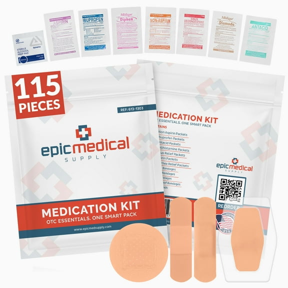 Epic Medical Supply First Aid Kit Medication Refill 115-Count Unit Dose Packets Alcohol Pads & Bandages Emergency Medicine Kit Pills 1st Aid Kit Refill Travel Camping Assembled in USA