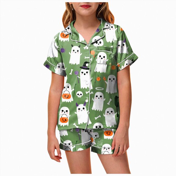 KPOPLK Silk PJs Kids Girls Satin Pajama Set Halloween Pumpkin Print Short Sleeve Button Shirts and Shorts 2 Piece Sleepwear,Size 8-9 Years