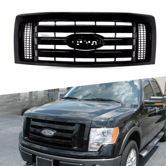 ONEPI Gloss Black Front Grill Compatible with Ford F150 2009 2010 2011 2012 2013 2014 Models, No Emblem