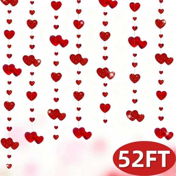 Valentines Day Decoration Red Heart Garland Metallic Glitter Hanging Heart Streamer Banner Party Supplies for Anniversary Engagement Wedding Bridal Shower Bachelorette 52 Ft