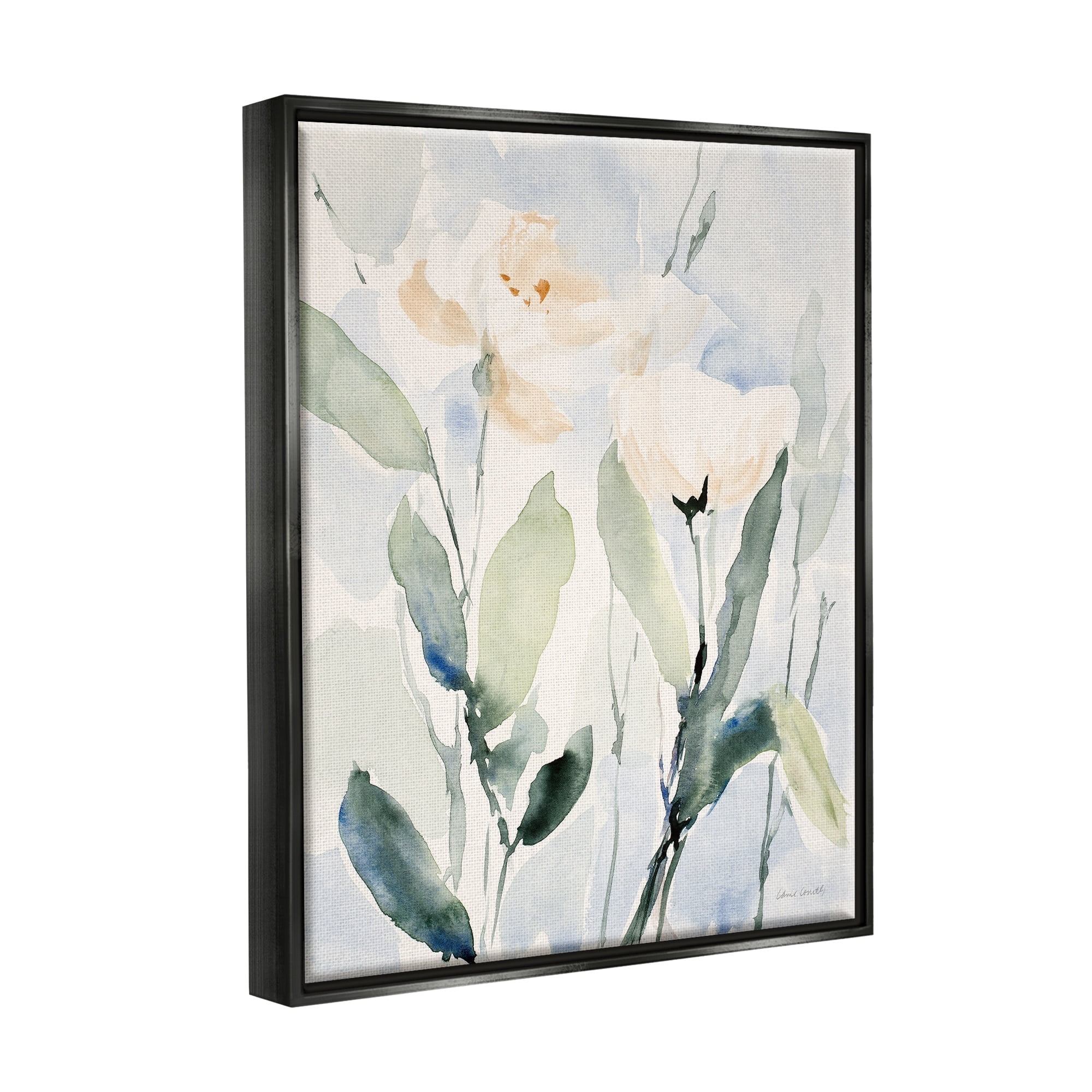 Stupell Industries Traditional White Flower Blossoms Watercolor Detail Painting Jet Black Floating Framed Canvas Print Wall Art, Design by Lanie Loreth