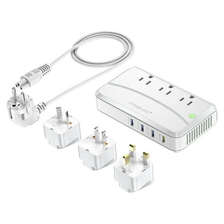 Traveler Adapter Plug Poweradd 4 USB Ports Power Converter 220V to 110V Voltage Converter Travel Adapter 220W Surge Portector with International EU/UK/US/AU Plugs Adapter Worldwide ()