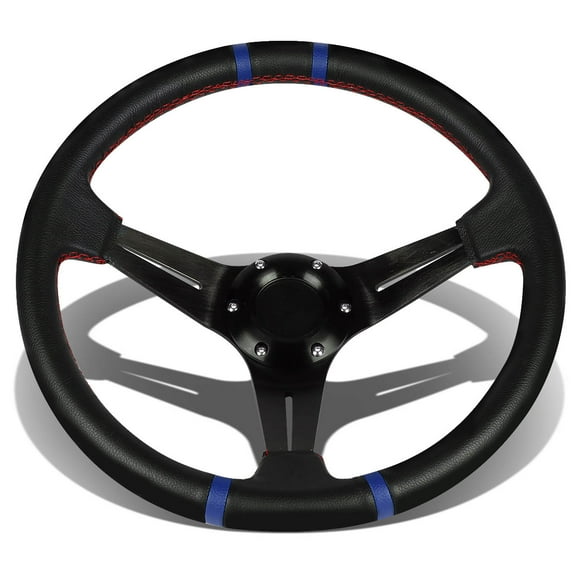 DNA Motoring SW-T410-BL 350mm Deep Dish Style 6-Bolt 3-Spoke Red Stitched Black PVC Leather with Blue Stripe Racing Steering Wheel