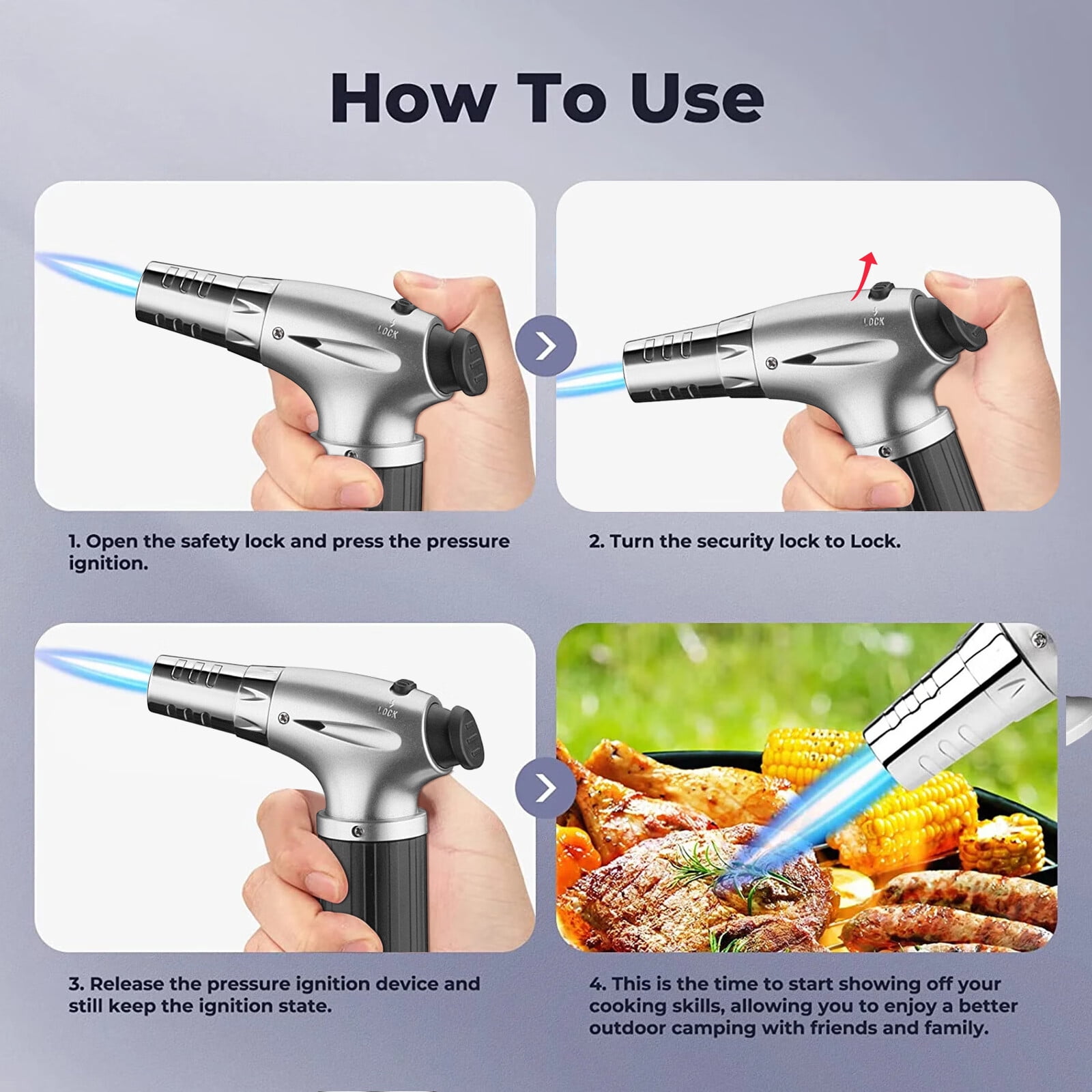 Culinary Butane Torch Blow Torch Lighter,Refillable Cooking Kitchen Torch with Safety Lock Adjustable Flame for BBQ,Creme Brulee,Baking,Cooking,Crafts,Cigar (Butane Gas not Included)