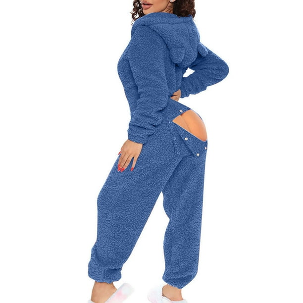 zanvin Womens Winter Jumpsuit Pajamas Buttoned Flap Adults Jumpsuit  Sleepwear Sexy Button-Down V Neck Romper Pjs,Light Blue,L 