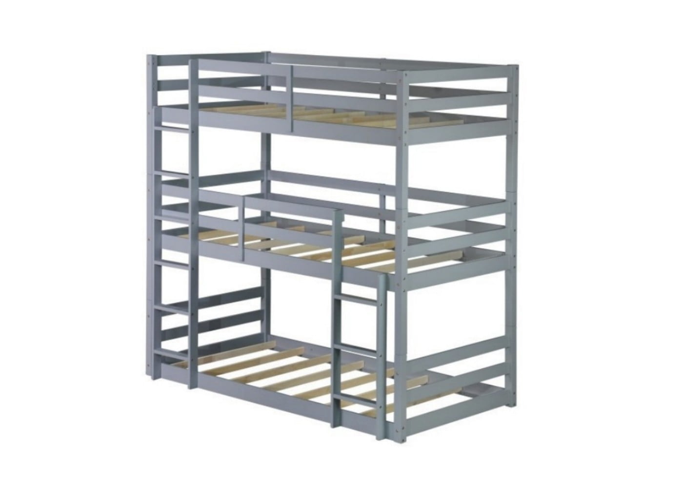 Triple Twin Bunk Bed, Rubber Wood Twin Over Twin Over Twin Bunk Bed with 2 Built-In Ladders & Guardrails, Detachable 3 Twin Beds, Gray
