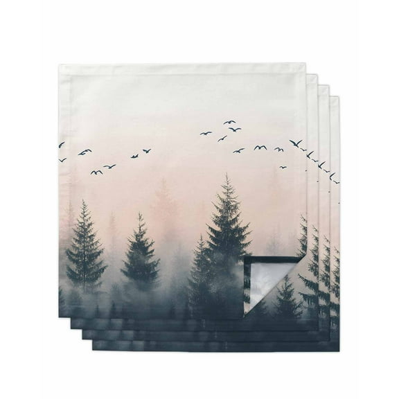 nqOlkjepod Rustic Foggy Forest Cloth Napkins Set of 4 Reusable Dinner Napkins, Watercolor Trees Birds Landscape Cocktail Napkin Washable Table Napkins for Wedding/Holiday Party/Baby Shower 20"x20"
