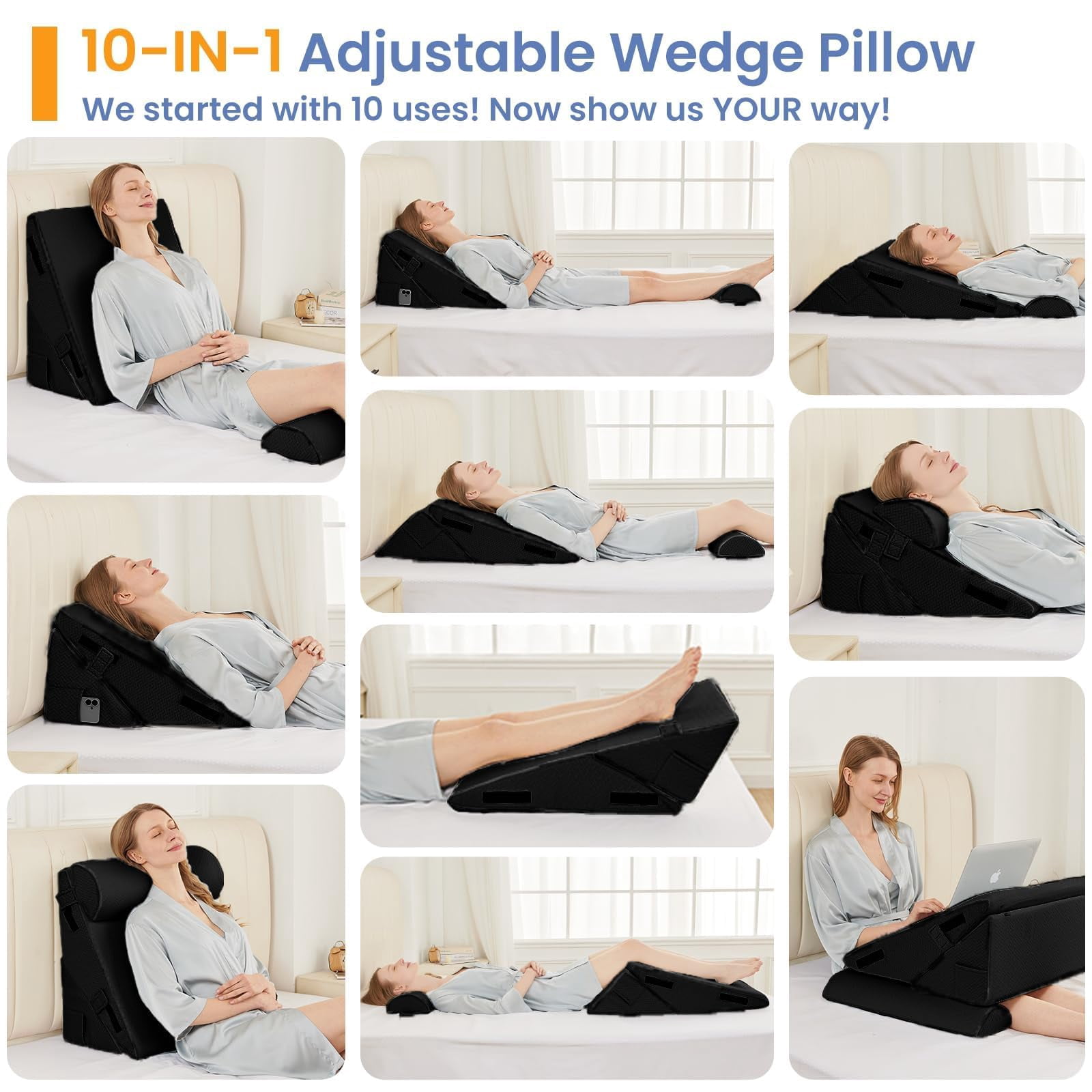 Wedge Pillow Set For After  2pcs Adjustable Bed Headboard With Memory Foam Neck Cushion - Acid Reflux Sleeping & Support Black