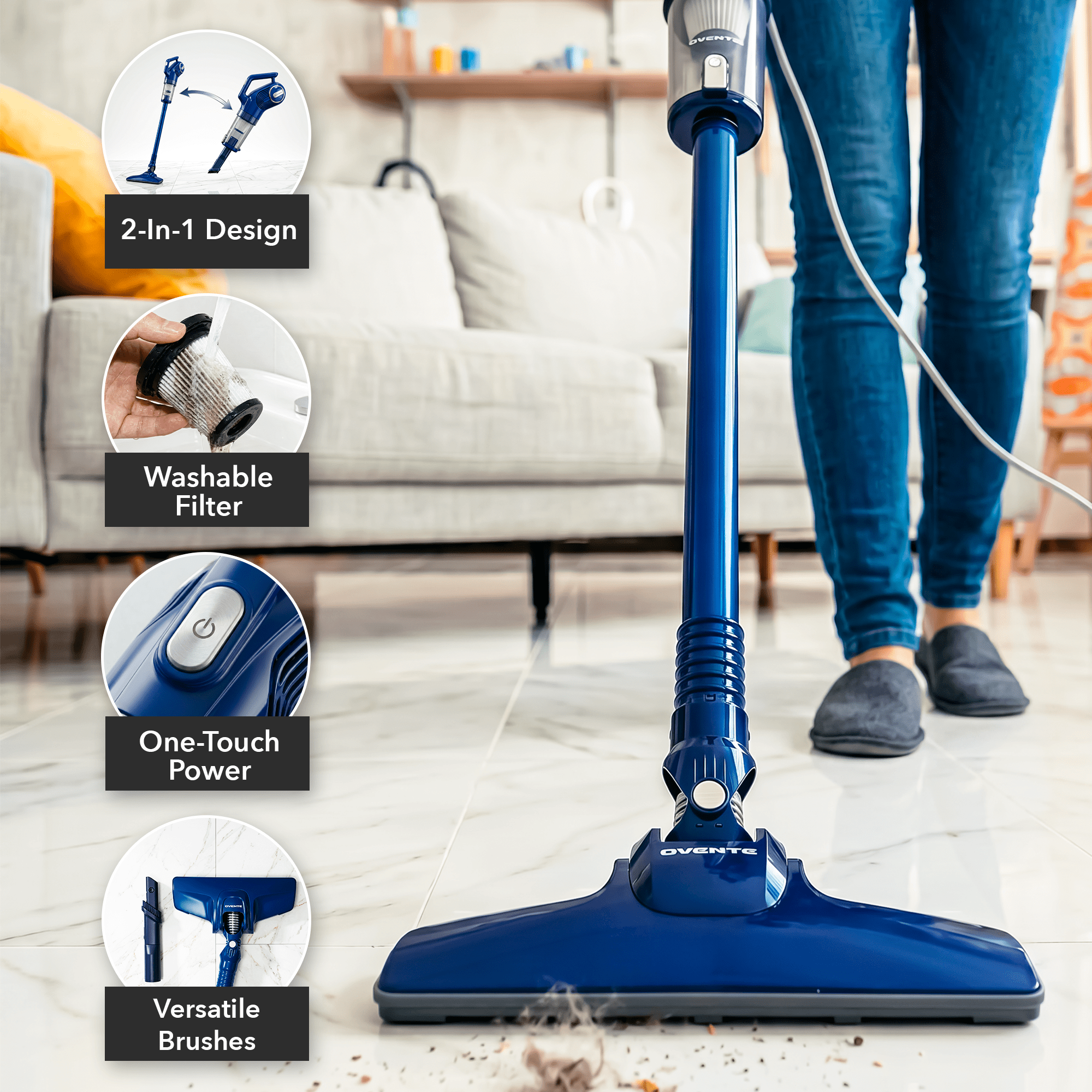 OVENTE 2-in-1 Corded Stick Bagless Vacuum Cleaner, 450W, Blue STV345BLS | With 14Kpa Powerful Suction, Lightweight and Washable Filter for Home, Car, Pet Hair, Carpet and Hard Floor