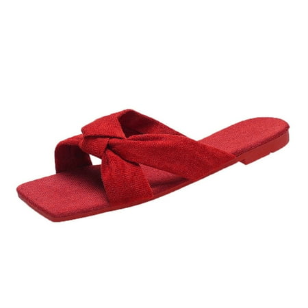 

Women s Flat Toe Slippers Sandals Flat Heel Bowknot Strappy Summer Slide Shoes 42 Red