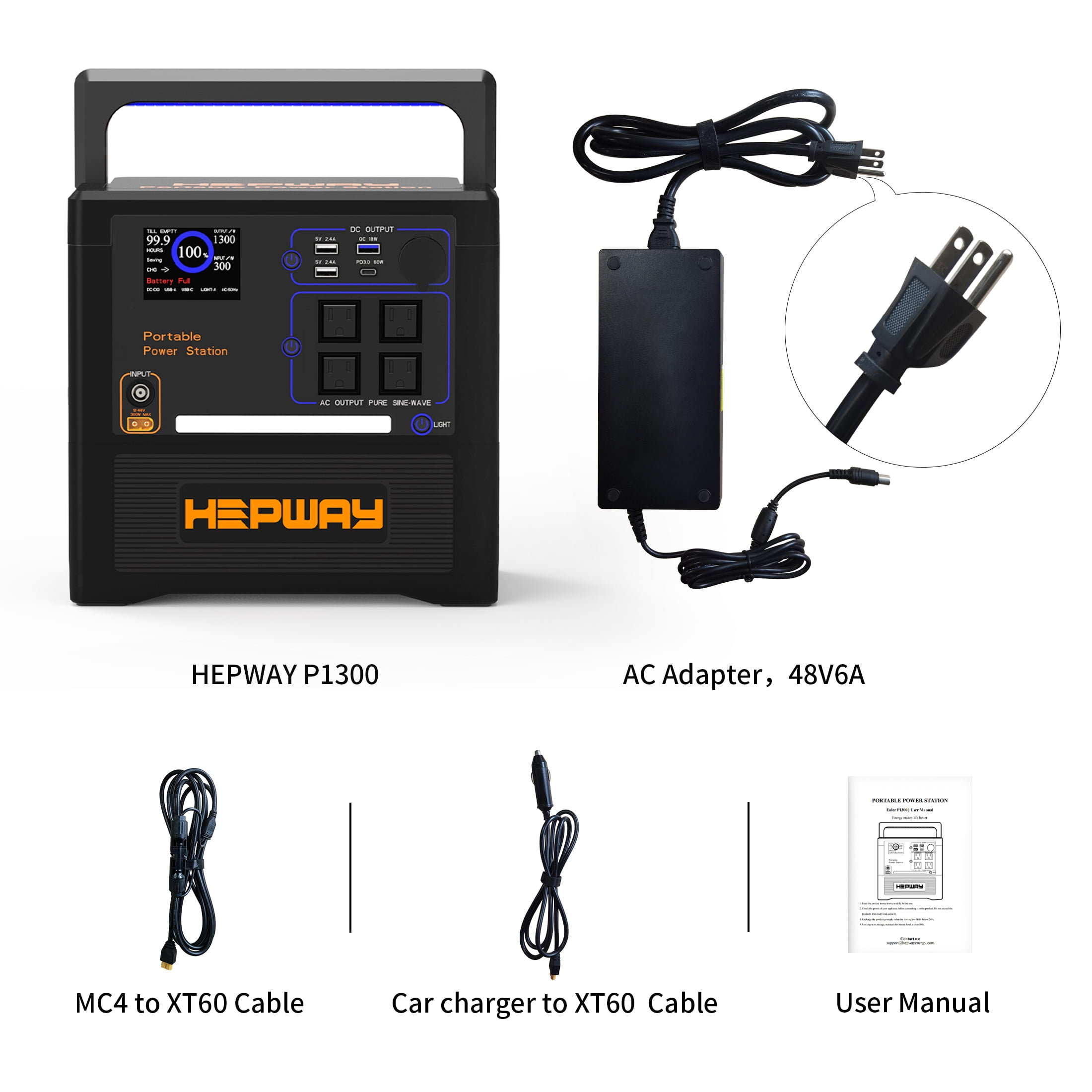 HEPWAY Portable Power Station 2400W Peak, 1154Wh Lithium Battery, QC3.0 USB-C 4X120V AC Output 1300W, Support Refrigerator Mode With 4*Cooling Fans Solar Generator For Camping RV Home(No Solar Panel)
