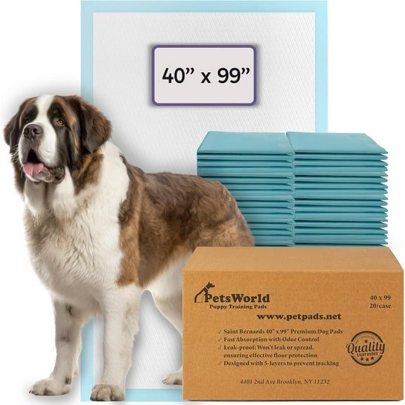 PETSWORLD 4XL Gigantic Dog Pee Pads, 40"x99", 10 Count, with Adhesive Tape, 5-Layer Leak Proof Protection