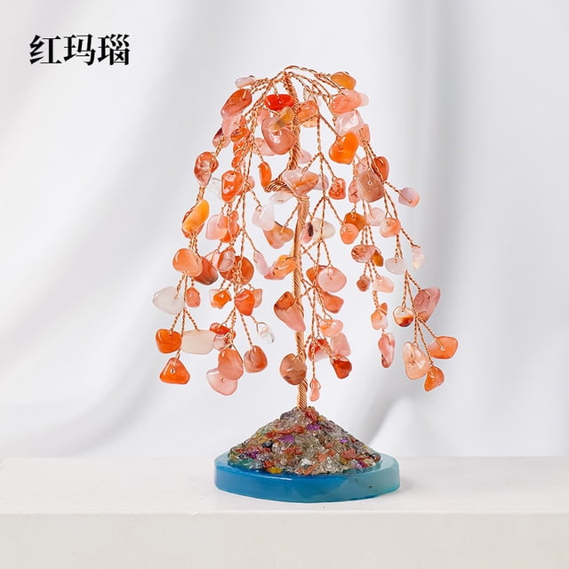 Nvzi 1 pieza de sauce llorón de piedra natural, árbol de la riqueza de piedra triturada natural, árbol de la energía tejido a mano, árbol de la vida rojo, adorno de decoración para el hogar