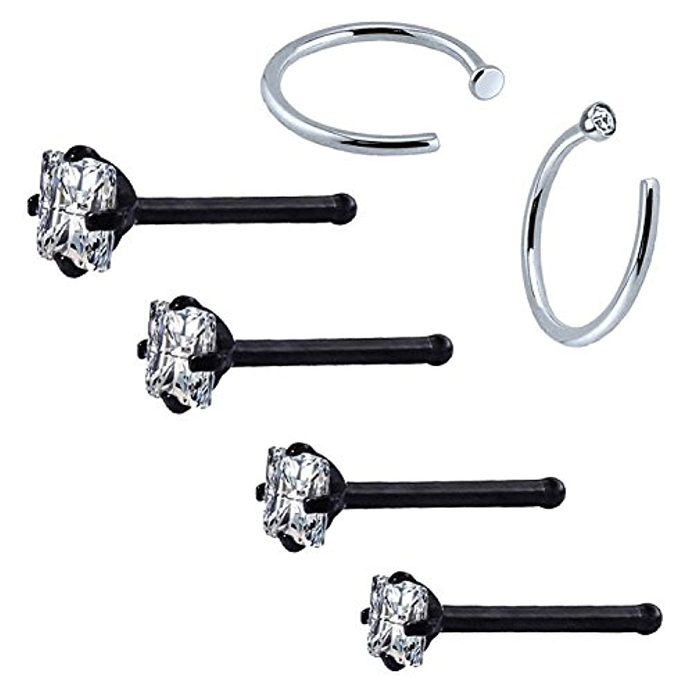 BodyJ4You 6PC Nose Stud Bone Hoop Ring 20G Black Steel CZ Nostril Girl