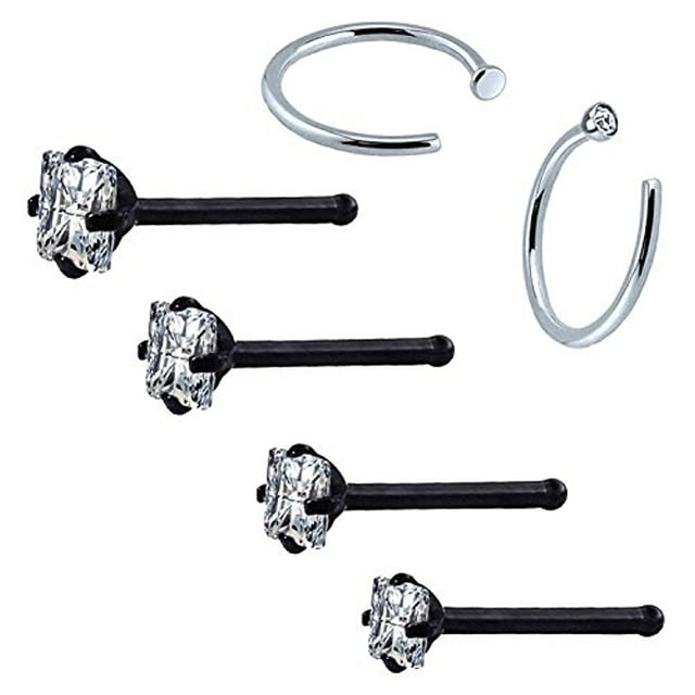 BodyJ4You 6PCS Nose Rings Studs Hoop 20G Stainless Steel Black Bone Pin Body Piercing Jewelry (0.8mm)