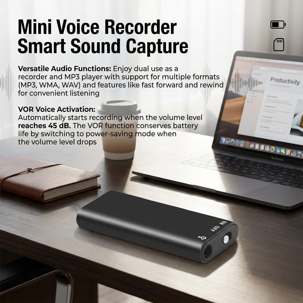 Mini Voice Recorder Smart Sound Capture AI Noise Reduction Digital Audio Recorder Voice Activated Recording Device for Meetings Interviews Lectures